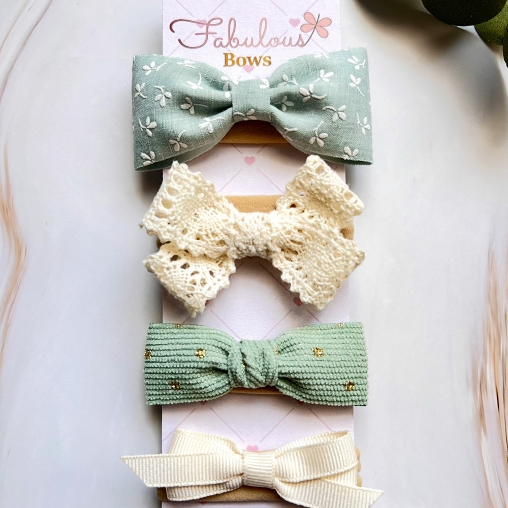 Kids Hair Bow Set - Mint and Cream